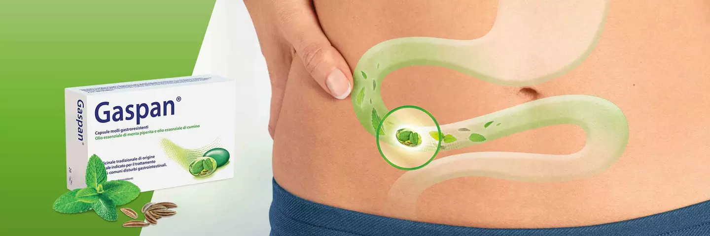 Header banner con capsula di Gaspan che attraversa il tubo digerente